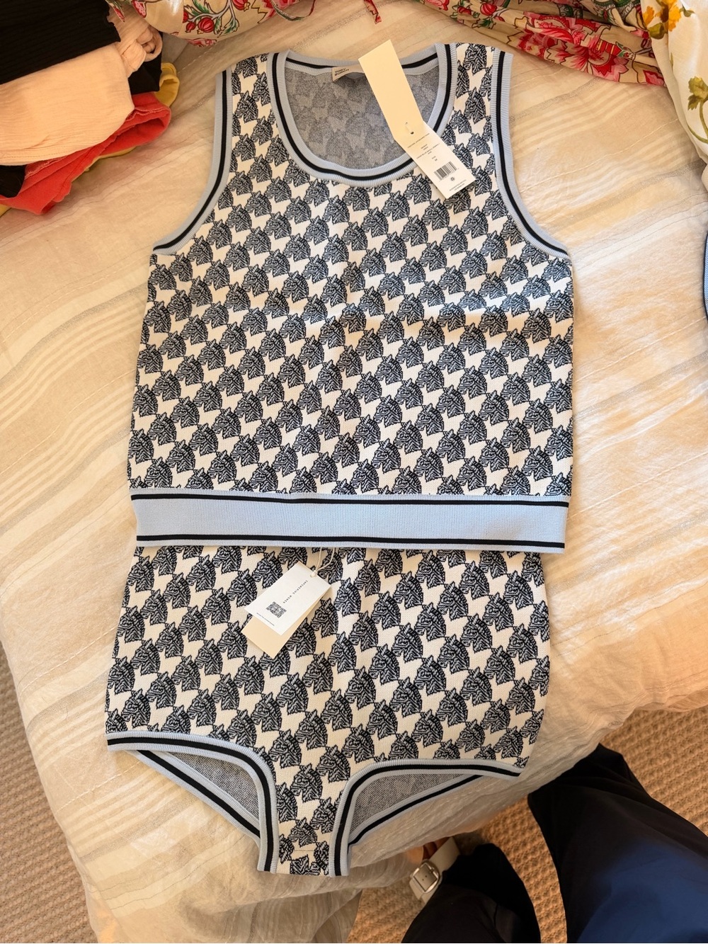 Tory Burch Light Blue and White Jacquard small zebra Knit Tank & Brief Set